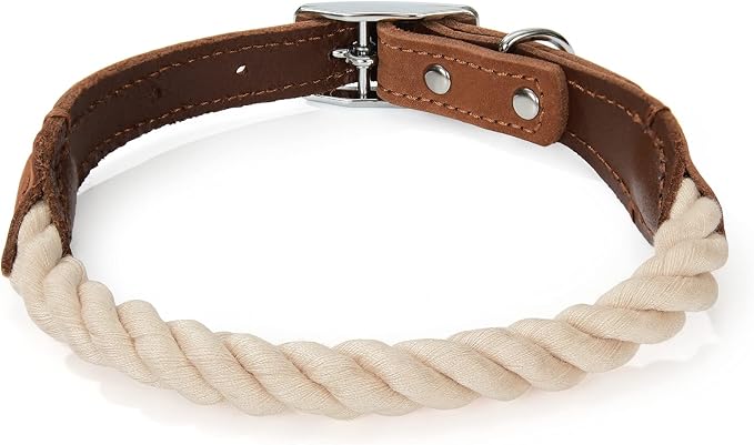 Mile High Life Genuine Leather Dog Collar, Durable Braided Cotton Rope Collar with Metal Pin Buckle for Small Medium Large Dogs (Beige, L Neck 17"-21")