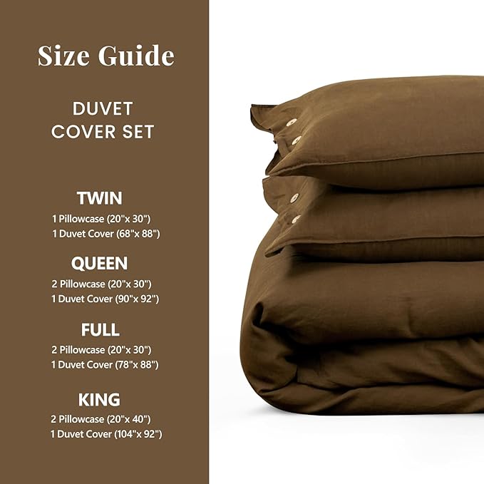 S VICTORY SYMBOL Pure Linen Duvet Cover Set 3pcs,Natural French Washed Flax Solid Color Breathable(1 Duvet Cover and 2 Pillowcases) with Coconut Buttons Closure(Full,Pinecone Brown)