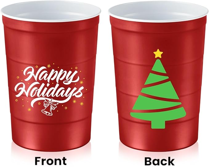 Steel Chill Cups 16 oz. Party Cups 'Happy Holidays' Christmas Tree Design for Cold Drinks, Durable, Disposable, Recyclable, Made in USA, Red, 12 Count