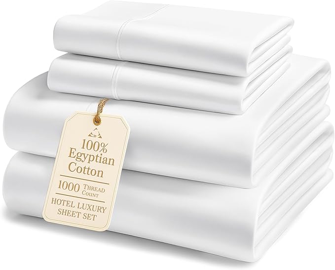 LANE LINEN 100% Egyptian Cotton Full Size Bed Sheets - 1000 Thread Count, Soft & Comfy Luxury Hotel Style Thick Size Sheet, Fully Elasticized Reinforsed Seams No Pill Natural Cooling - White Sheet