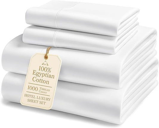 LANE LINEN 100% Egyptian Cotton Full Size Bed Sheets - 1000 Thread Count, Soft & Comfy Luxury Hotel Style Thick Size Sheet, Fully Elasticized Reinforsed Seams No Pill Natural Cooling - White Sheet