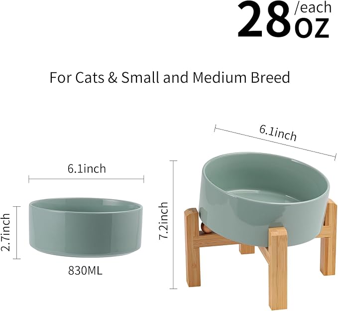 Elevated/Raised 15°Tilted Anti Slip Ceramic Dog Bowl for Small/Medium Breeds,Slanted Bulldog Big Face Pet Food Water Feeding Dish with Stand for Cats and Dogs (3.6 Cups/28 OZ) Light Green