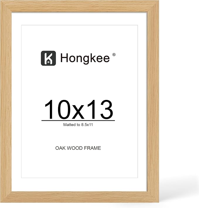 Hongkee 10x13 Oak Wood Picture Frame 1 Pack(Matted 8.5x11) Real Glass Cover | Natural, 10 x 13 Solid Wood Frame for Wall or Tabletop Display - Includes Easel Back, Vertical Hang - Ideal for Home, Office