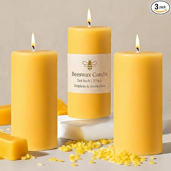 3 Pack Beeswax Pillar Candles, Pure Beeswax Candles with 35 Hours Burn Time, Smokeless & Dripless Bees Wax Candles for Home Decor, Prayer, Christmas Party(2x4 inch)