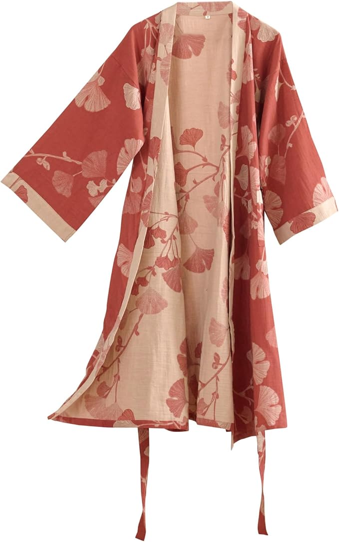 100% Cotton Gauze Ginkgo Leaf Kimono Robe, Long Knit Loose Bathrobe Nightgown Ladies Loungewear Sleepwear for Women