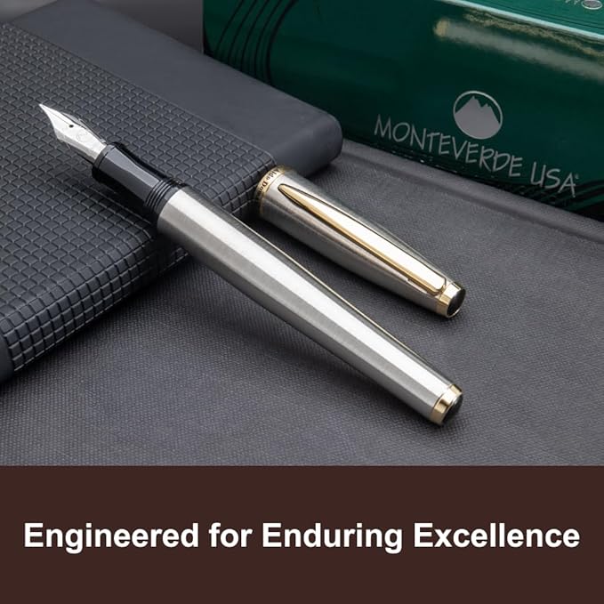 Monteverde USA Aldo Domani Fountain Pen Brushed - Broad Nib - Luxury Writing Pen - JoWo Stainless Steel Nib - Smooth Ink Flow - Refillable - Gift Box Included