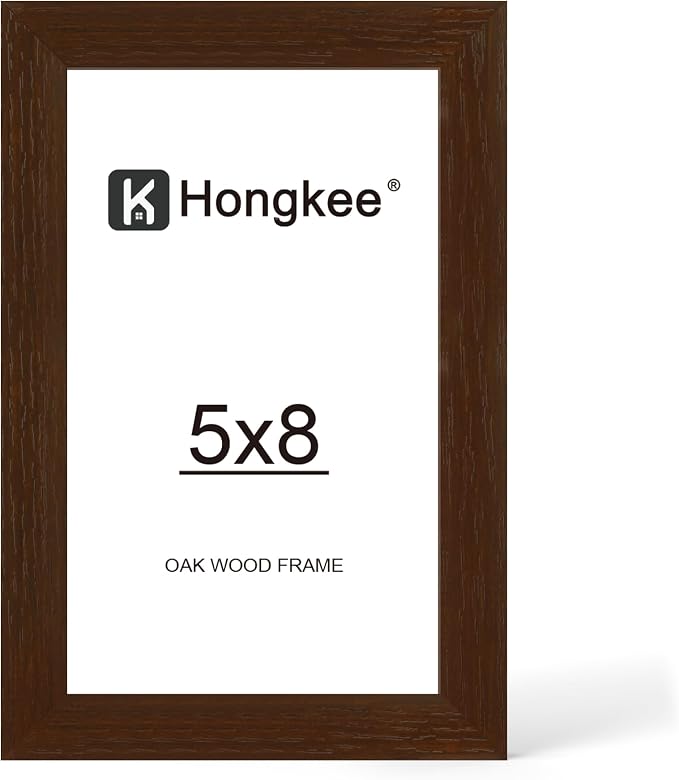Hongkee 5x8 Oak Wood Picture Frame (1 Pack, Walnut) with Real Glass Cover | 5 x 8 Solid Wood Frame for Wall or Tabletop Display - Includes Easel Back, Vertical Hang - Ideal for Home, Office