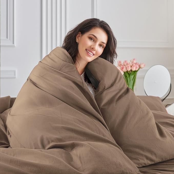 NEXHOME PRO 100% Washed Cotton Duvet Cover King Size, Ogranic Natural Linen Feel Breathable Bedding Set with Zipper Closure, 3 Pieces Duvet Cover Set Toffee (No Comfortert) 10490