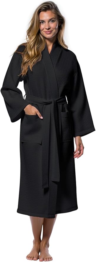Turquaz Lightweight Waffle Knit Kimono Bathrobe - Soft Cotton Blend Spa Robe, Fast-Drying Full-Length Unisex Robes for Women