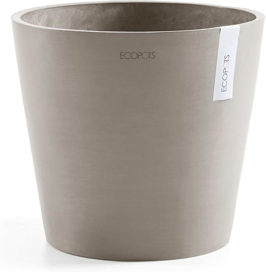 Ecopots Amsterdam Durable Modern Round Indoor/Outdoor Recycled-Based Composite Flower Pot Planter w/Water Reservoir, Taupe, 12"