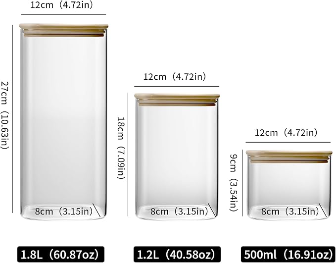 Rectangle Glass Jars with Lids - Glass Food Storage Containers with Bamboo Lids - Spaghetti Storage Jar - Stacking Tea Coffee Sugar Canisters - Airtight Storage Jar (16.91oz*2+40.58oz*2+60.87oz*1)