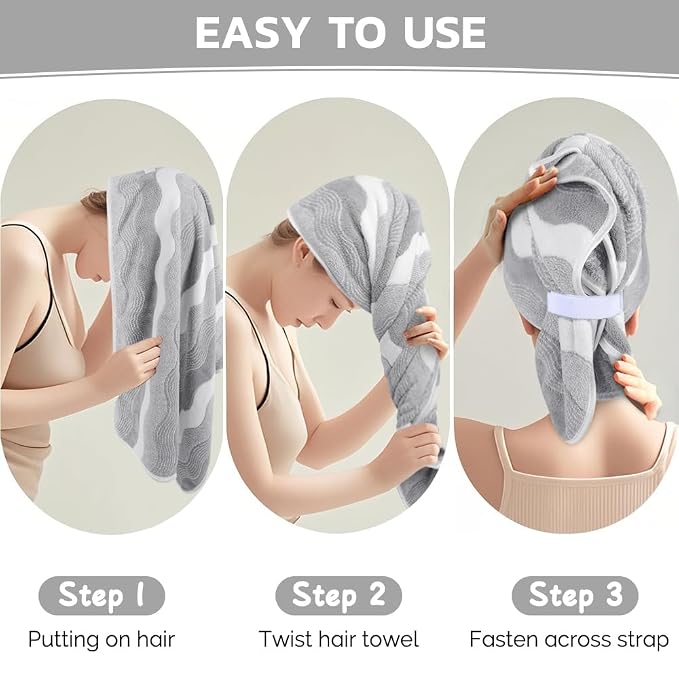 SUNLAND Microfiber Hair Towels Anti Frizz Hair Drying Towel Super Absorbent Fast Drying Turbans for Wet Curly Hair Soft Hair Towel Wrap with Elastic Band for All Hair Types 40 X 20 inches 2Pack