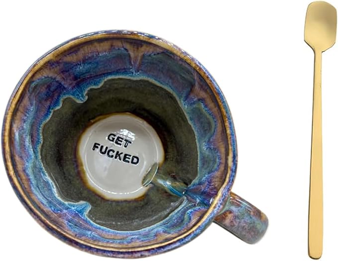 Jumbo Lightning Sweary Mug,Glaze Ceramic Mug,Handmade Pottery Coffee Mugs, Engraved Sarcastic Quote - Gift for Friends and Coworkers,Comes with a fine coffee spoon (GET FUCKED)