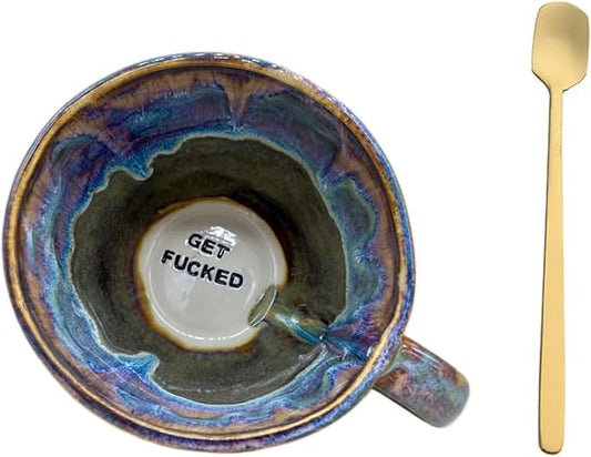 Jumbo Lightning Sweary Mug,Glaze Ceramic Mug,Handmade Pottery Coffee Mugs, Engraved Sarcastic Quote - Gift for Friends and Coworkers,Comes with a fine coffee spoon (GET FUCKED)