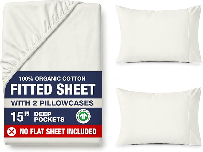 Lane Linen Queen Size Fitted Sheet, 100% Organic Cotton, 3-Piece Set (1 Fitted Sheet & 2 Pillowcases), Percale Weave, Ultra Soft, Breathable, Fits Mattress Upto 15" Deep - Glacier Grey (No Flat Sheet)