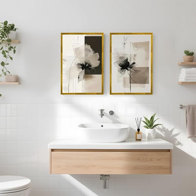 Minimalist Abstract Floral Wall Art Prints Set of 2 Neutral Beige Black Flower Canvas Painting Poster Trendy Botanical Picture for Gallery Modern Japandi Boho Home Decor 24x36inch Gold Framed