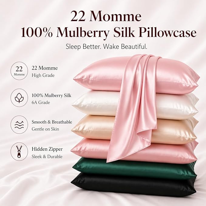 Oeko-TEX Certified Pink Silk Pillowcase for Sleeping Women Made in USA, 22 Momme Real Mulberry Silk Pillow Cases with Zipper, 6A Grade 100% Organic, Beauty Boost, 1 Pc 20"x26" (Standard, Pink)