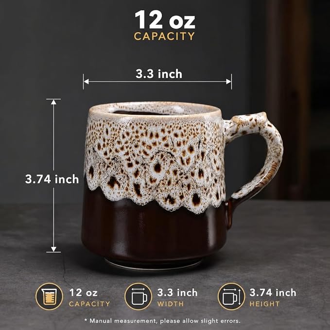 12oz Boho Style Leopard Pattern Reactive Glaze Ceramic Pottery Coffee Mug, Lead-Free Glaze Ceramic Tea Mug,Tea cup with handle, stoneware mugs, Microwave and Dishwasher Safe (White)