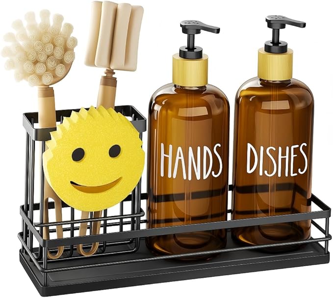 Moforoco Kitchen Dish Soap Dispenser Set, 16OZ Glass Bottle, Hand and Dish Soap Dispenser Set, Instant Dry Tray, Brush Holder with Smiley Face Sponge Holder (Black Tray+Amber Bottle)