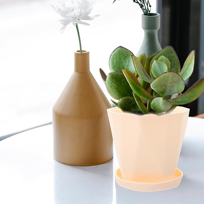 Luxshiny Degradable Succulent Plant Pot with Saucer, White Creative Planting Basin for Indoor Outdoor Garden Use, Eco-Friendly Biodegradable Flower Container