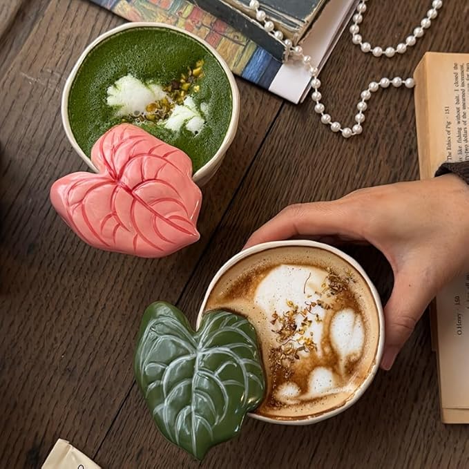 7oz Hand-Painted Leaf Handle Ceramic Coffee Mug, Microwave Dishwasher Safe Tea Cup for Women, Gift for Birthday Christmas Housewarming, Green