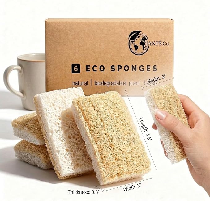 Natural Loofah Dish Sponges by Janté Co. (6-Pack) - Kitchen Sponges | Authentic Natural Loofah - Cotton Stitched - No Synthetic Glue - Air Dry Design - FSC Sourced Cellulose