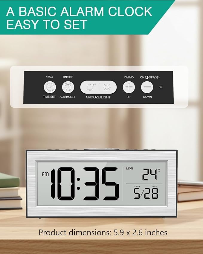 ORIA Battery Operated Digital Clock, Small Travel Alarm Clock with Auto Dimmer, Date, Temp & Week, Bedside Desk Clock with LCD Display for Bedroom, Office, Batteries Included