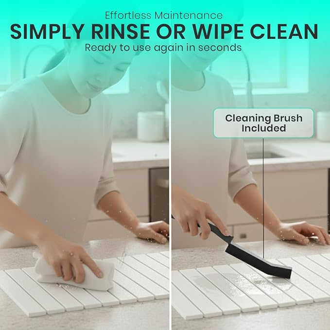 Premium Stone Dish Drying Mat – Large Foldable Kitchen Counter Mat, Super Absorbent Diatomaceous Earth with Coasters, Brush & Anti-Slip Pad – Fast Drying, White