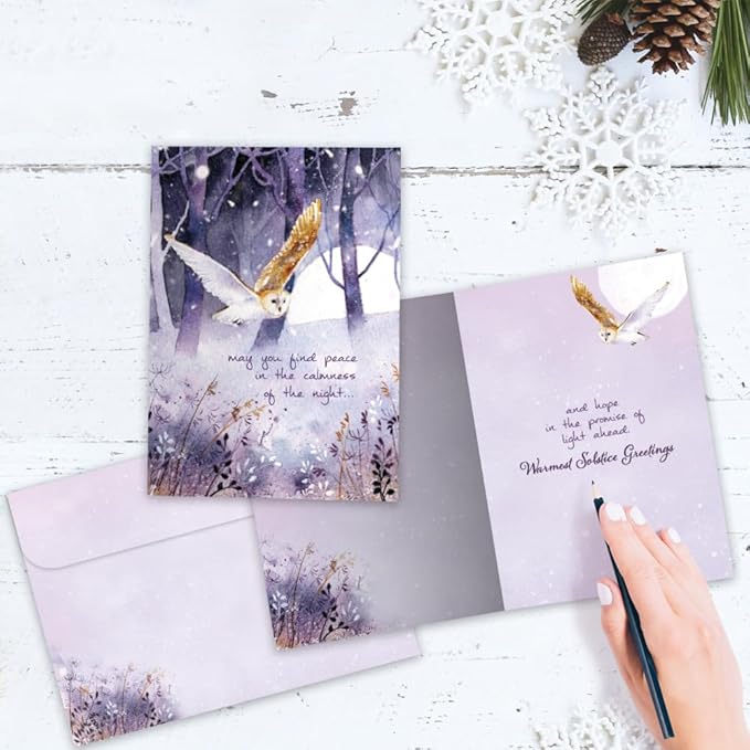 Tree-Free Greetings - Winter Solstice Greeting Card - Artful Designs - 1 Card + Matching Envelope - Made in USA - 100% Recycled Paper - 5"x7" - Owl Calmness (GO68828)