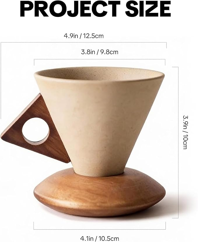 Conical Coffee Cup Vintage Ceramic Mug With Solid Wood Handle & Coaster - Reusable Heat-Resistant Cups Set for Home Office Coffee Tea