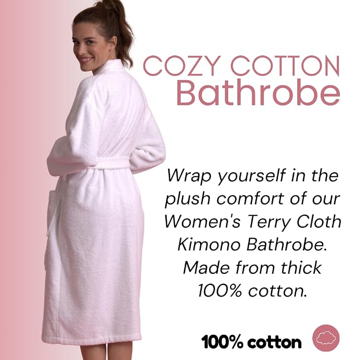 Women's Turkish Terry Kimono Style Bathrobe - 100% Cotton Robe for Women - Comfortable & Absorbent - Soft & Cozy Wear