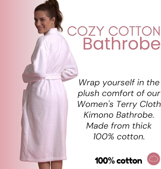 Women's Turkish Terry Kimono Style Bathrobe - 100% Cotton Robe for Women - Comfortable & Absorbent - Soft & Cozy Wear