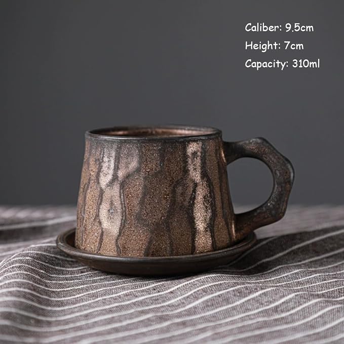 Vintage Faceted Speckled Ceramic Coffee Mug with Saucer, Rustic Stoneware Cup for Tea Latte (YF-CS05)
