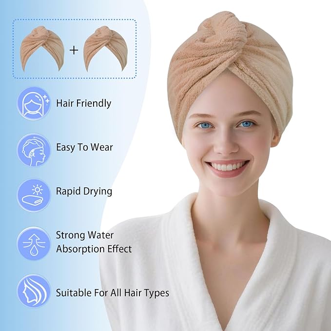 Microfiber Hair Drying Towel Wrap for Women, Hair Turbans Towel for Wet Hair,turbie Twist Hair Towels(The Color of the Picture is for Reference only) (Brown,Brown)