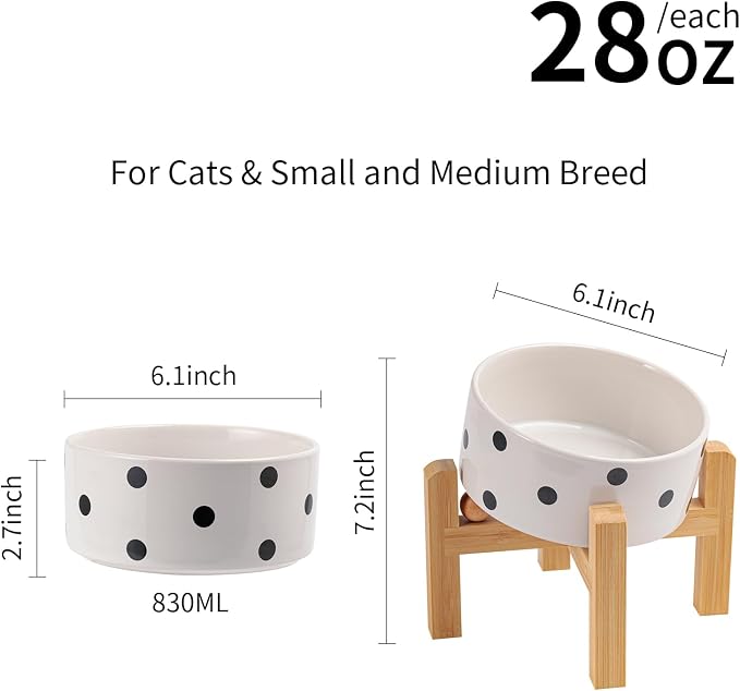 Elevated/Raised 15°Tilted Anti Slip Ceramic Dog Bowl for Small/Medium Breeds,Slanted Bulldog Big Face Pet Food Water Feeding Dish with Stand for Cats and Dogs (3.6 Cups/28 OZ) Black Dot