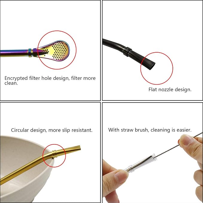 Stainless Steel Straw Filter Spoon, Yerba Mate Bombilla, Loose Leaf Tea Strainer, Tea Straw for Drinking Coffee, Cocktail, Pack of 5 with Cleaning Brush (5 colors)