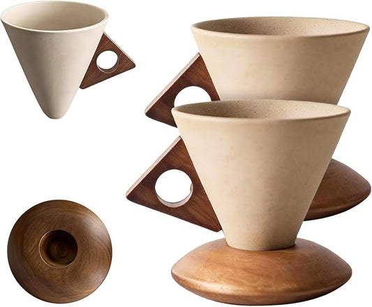 Conical Coffee Cup Vintage Ceramic Mug With Solid Wood Handle & Coaster - Reusable Heat-Resistant Cups Set for Home Office Coffee Tea