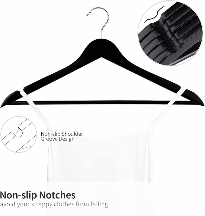 Solid Wooden Hangers 20 Pack, Wood Suit Hangers with Extra Smooth Finish, Precisely Cut Notches and Chrome Swivel Hook, Wooden Clothes Hangers for Shirt Coat Jacket Dress, Black