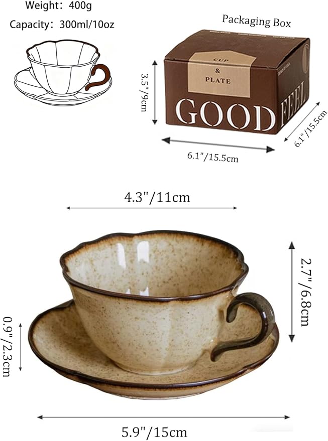 Ceramic Coffee Cup and Saucer Set – 10oz Caramel Kiln-Glazed Ceramic Teacup with Saucer, Vintage Handmade Pottery Mug for Coffee, Tea, or Latte