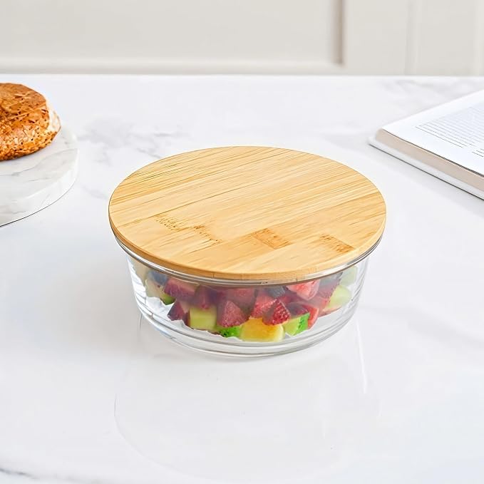 Bamboo-Lid Glass Food Storage Bowl, 620 Ml Capacity, Microwave Safe, Dishwasher Friendly, for Kitchen, Household, & Travel