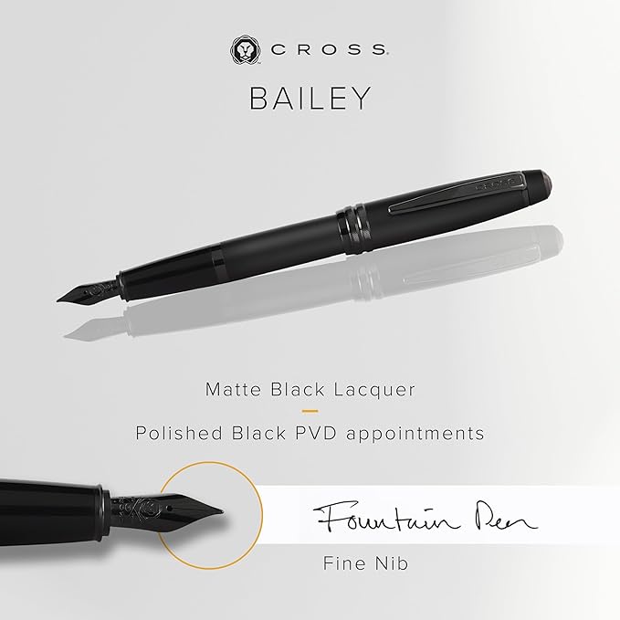 Cross Bailey Matte Black Lacquer Stainless Steel Fine Nib Fountain Pen - Professional Fountain Pen for Effortless Writing - Refillable - Black Ink - Gift-Ready