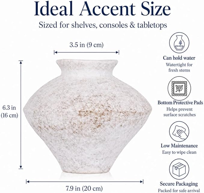Wabi Sabi Vintage Vase, 6.3" Tall Wabi Sabi Decor Rustic Farmhouse Pottery Vase for Centerpiece, White Textured Pottery Flower Vase for Home Decorative, Table, Living Room, Bedroom, Bathroom, Kitchen