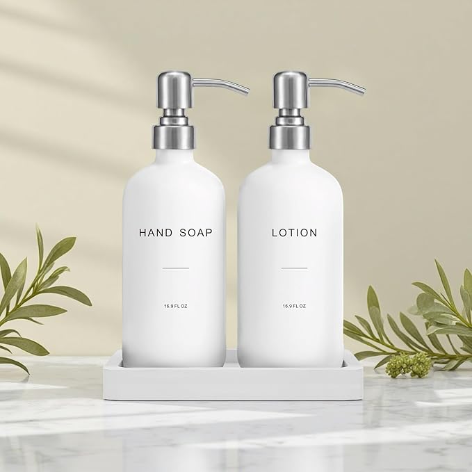 Prus Waso White Soap Dispenser Bathroom Set, Hand and Lotion Dispenser with Pump, Perfect for Bathroom Essentials for New Home. (Silver & White)