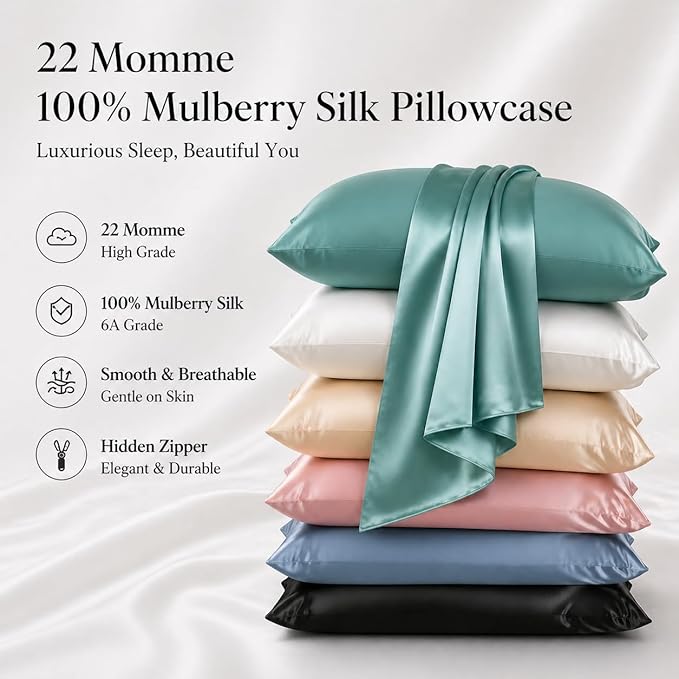 100% Mulberry Silk Pillow Case for Hair and Skin Made in USA, 22 Momme King Size Silk Pillowcase for Women, 6A Grade Organic Silk, Anti Aging, Anti Acne, 1 Pack 20"x36" (King, Mineral Blue)