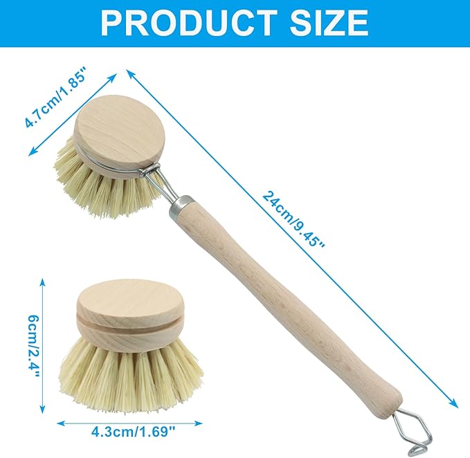 Murtenze Dish Brush with Wooden Handle, Sisal Bristles Brush with 2 Replacement Heads, Natural Wood Dish Scrubber for Washing and Cleaning Pots and Pans (Hook Type)