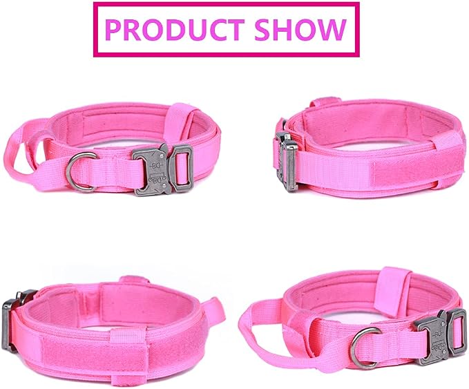 Tactical Dog Collar and Leash Set Adjustable Military Nylon Dog Collar with Control Handle and Heavy Duty Metal Buckle for Large Dogs（Pink XXL