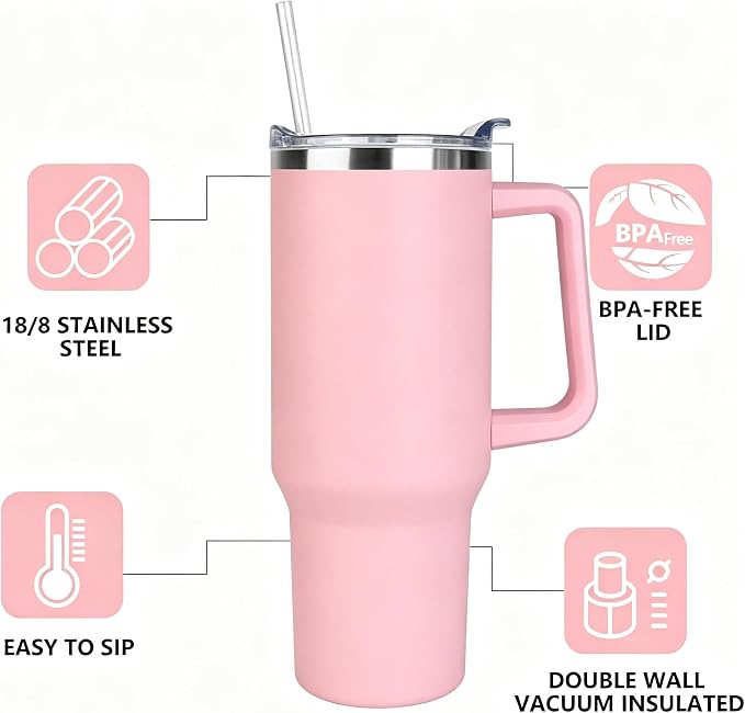 SYACOT 40 oz Tumbler with Handle and Straw Stainless Steel Insulated Tumbler Leak Proof Lid and Straw Lid Reusable Travel Mug Coffee Mug Cup Dishwasher Safe Keep Drinks Cold and Hot (Pink Dusk)