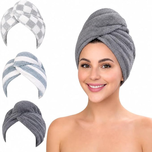 KELVO Microfiber Hair Towel Wrap for Women - Pack of 3, 350 GSM Super Absorbent Quick Dry Hair Turban, Anti-Frizz Head Wrap for Curly, Long & Thick Hair, Soft Hair Drying Towel(Gray, Mixed Style)