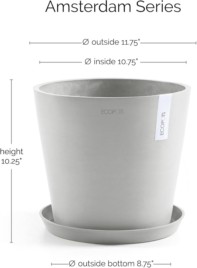 Ecopots Amsterdam Durable Modern Round Indoor/Outdoor Recycled-Based Composite Flower Pot Planter w/Water Reservoir, White Grey, 12"
