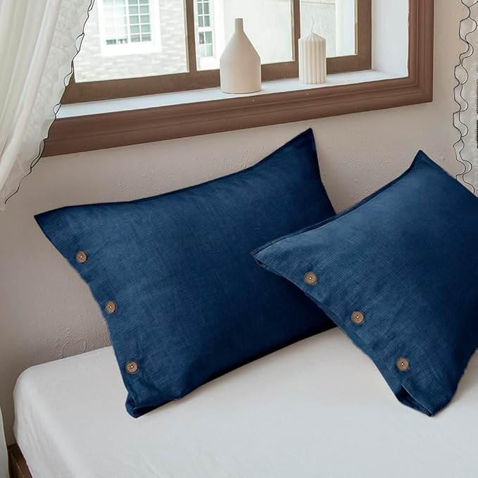 EVERLY 100% Linen Pillowcases Set of 2, French Linen from Normandy, 20X36Inch Standard Size, Natural Color, Coconut Buttons Closure, Flax Pillowshams-Pillowcase-Navy Blue